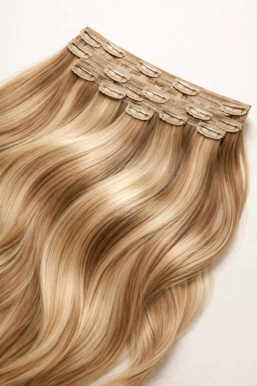 Row of clip-in extension wefts with clips visible