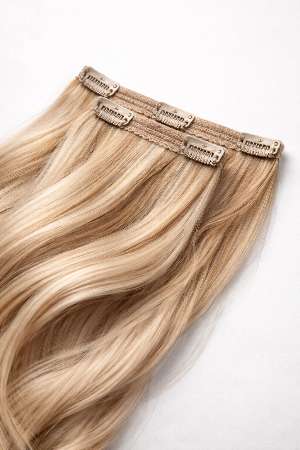 Close-up of a clip-in hair extension weft with clips and silicone grips on a neutral background
