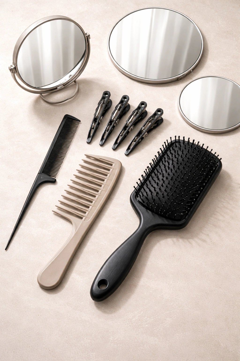Flat lay of clip-in hair tools including combs and clips