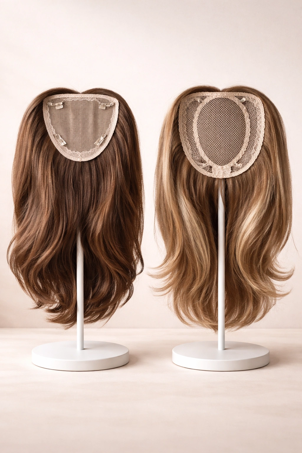 Two hair toppers on stands showing clip-in and integration base types