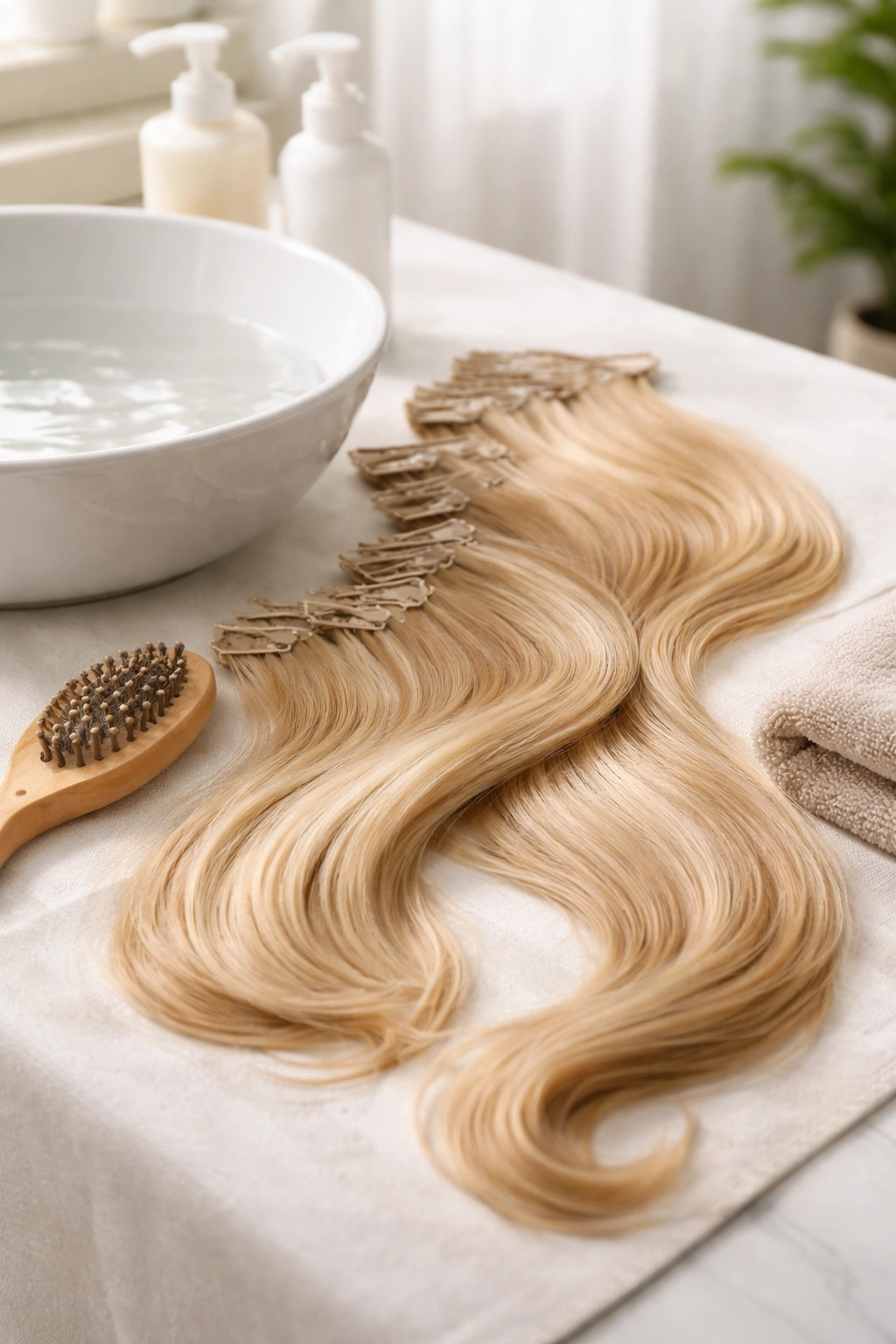 Clip-in extensions arranged in a sequence with a basin and brush in a soft studio light