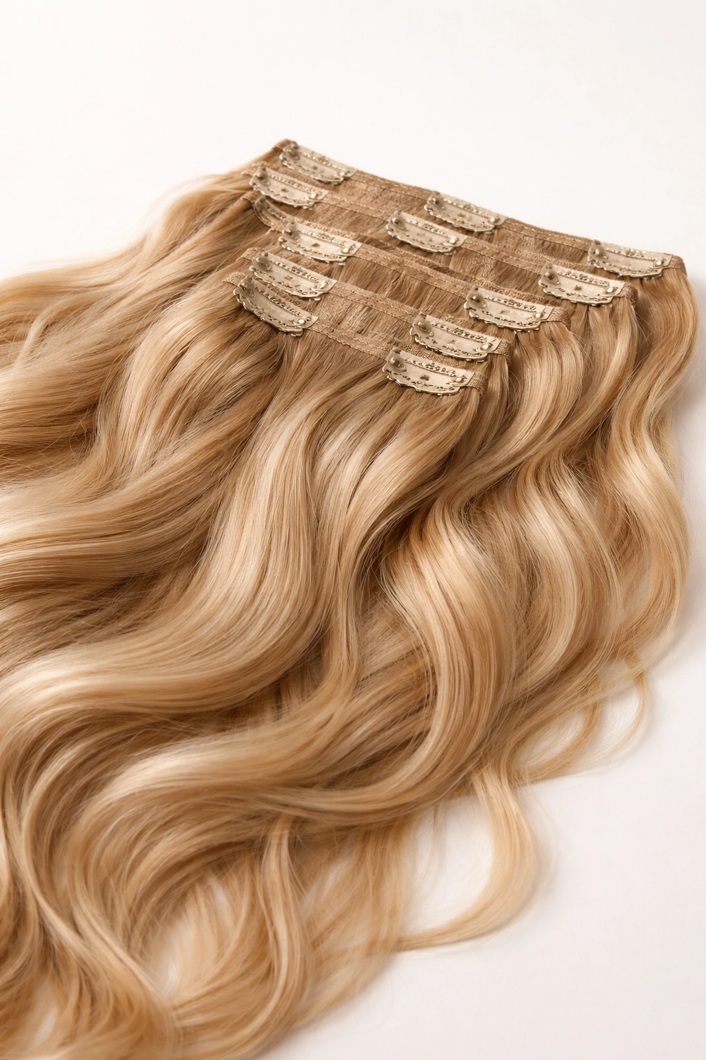 Clip-in extension wefts arranged on a neutral background