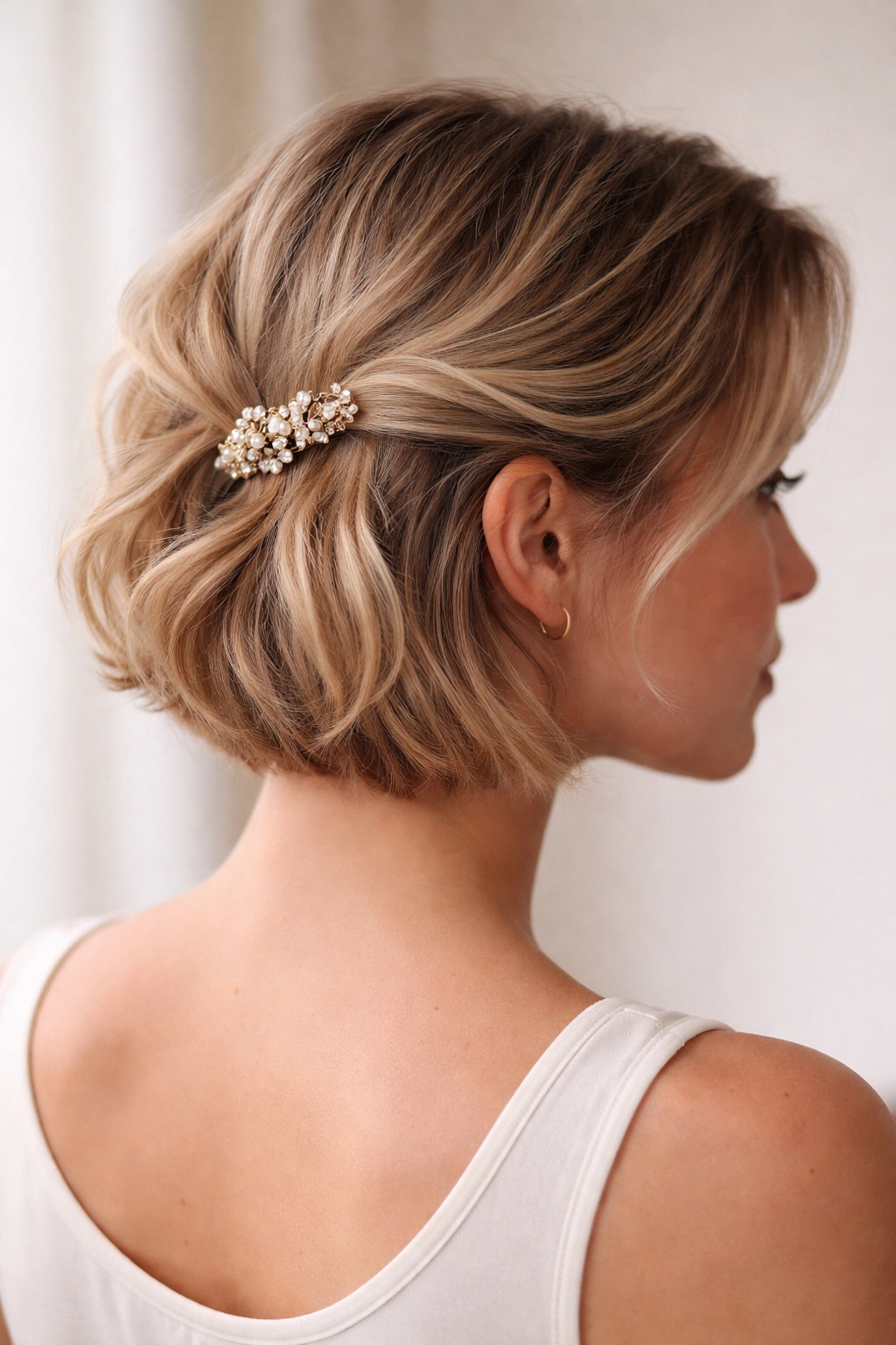 15 Easy Updos That Actually Work On Short Hair 17 Twisted hair at the temple secured with a decorative clip at the crown