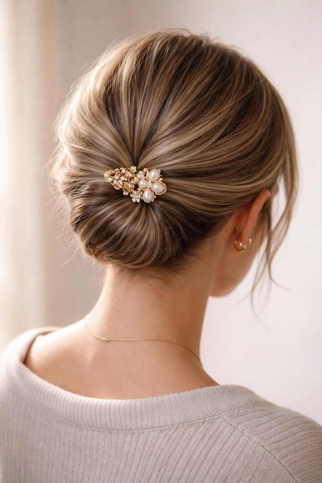Low chignon at the nape secured with decorative clip
