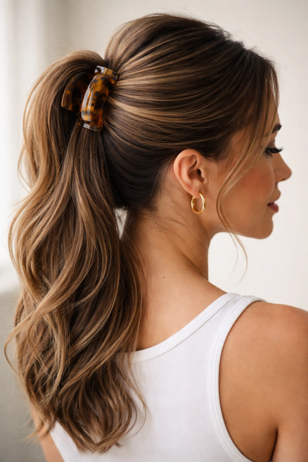 Close-up of top section clipped up with a stylish clip