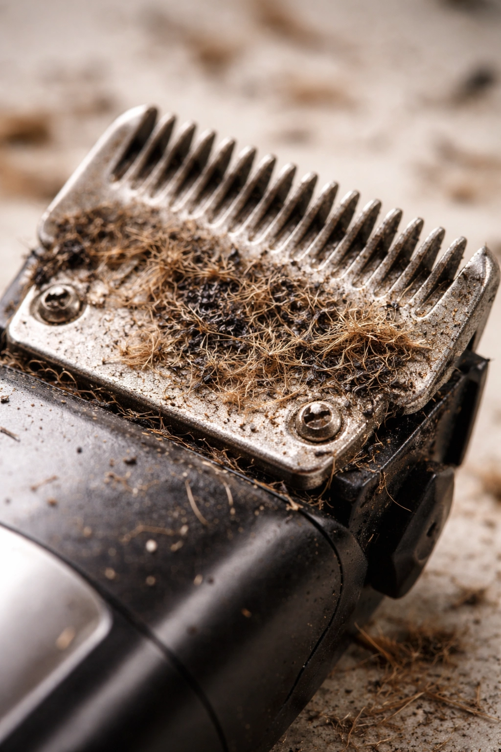Close-up of clipper blades with hair debris highlighting cleaning importance