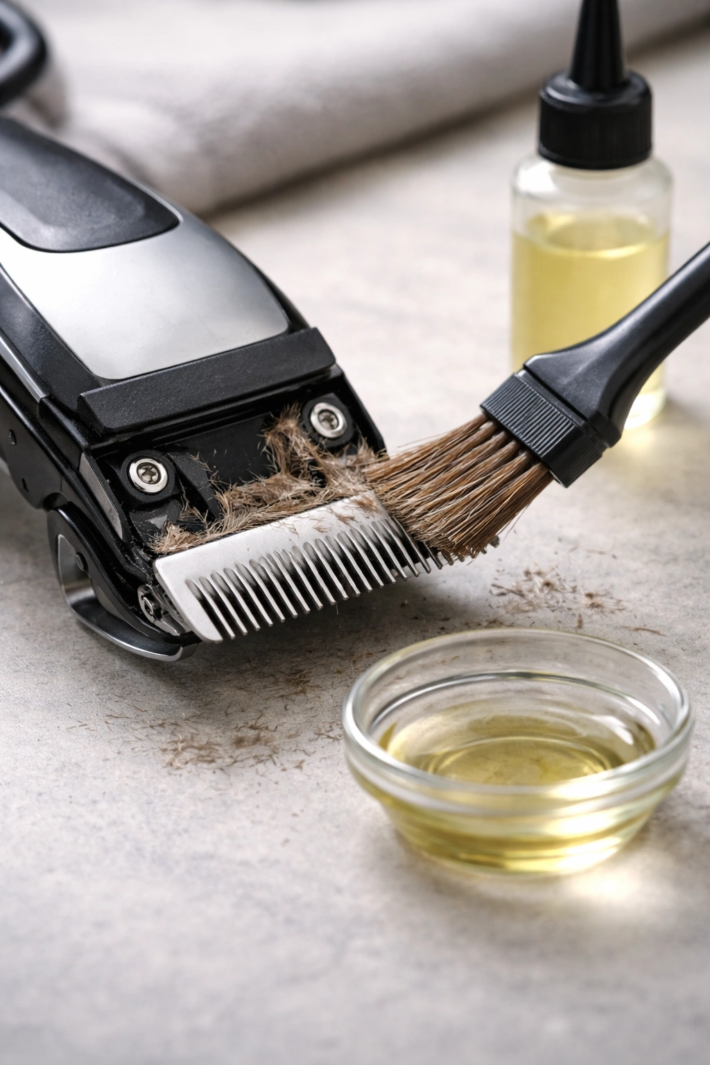 Open clipper with exposed blades and brush cleaning debris