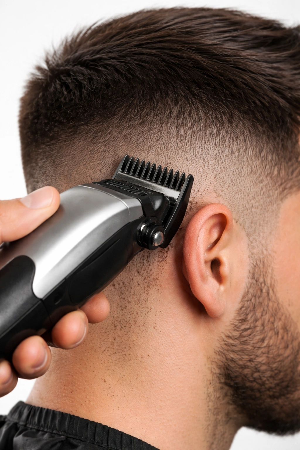 Clippers moving along the side of the head to blend hair.
