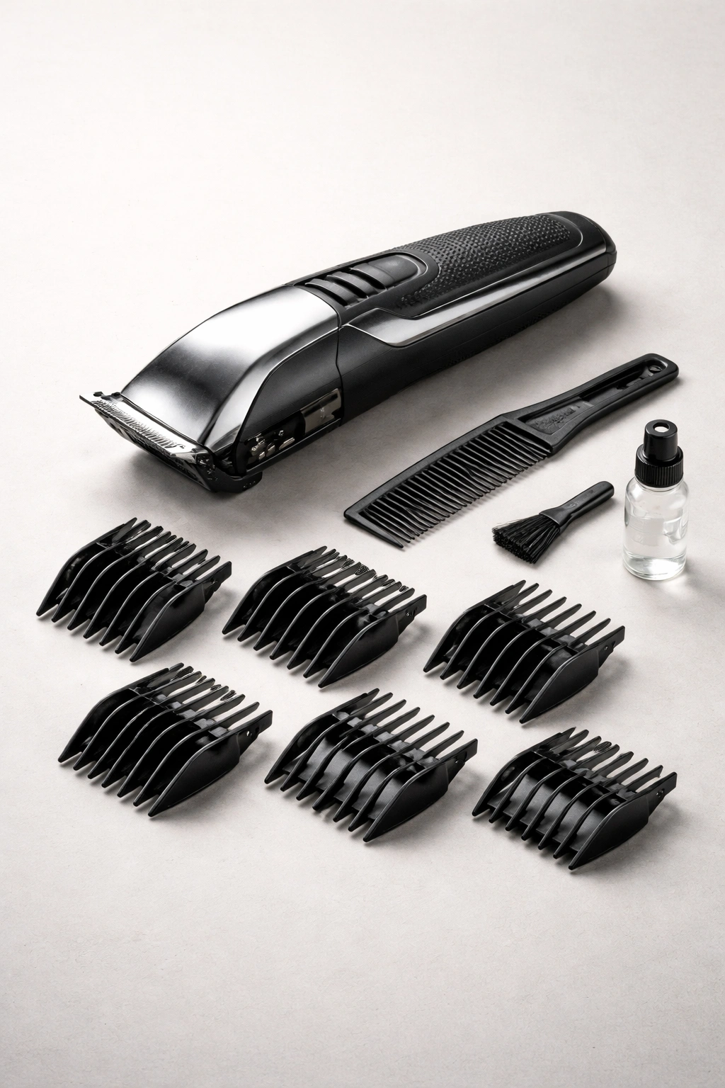 High-quality hair clipper kit with guards on a plain background.