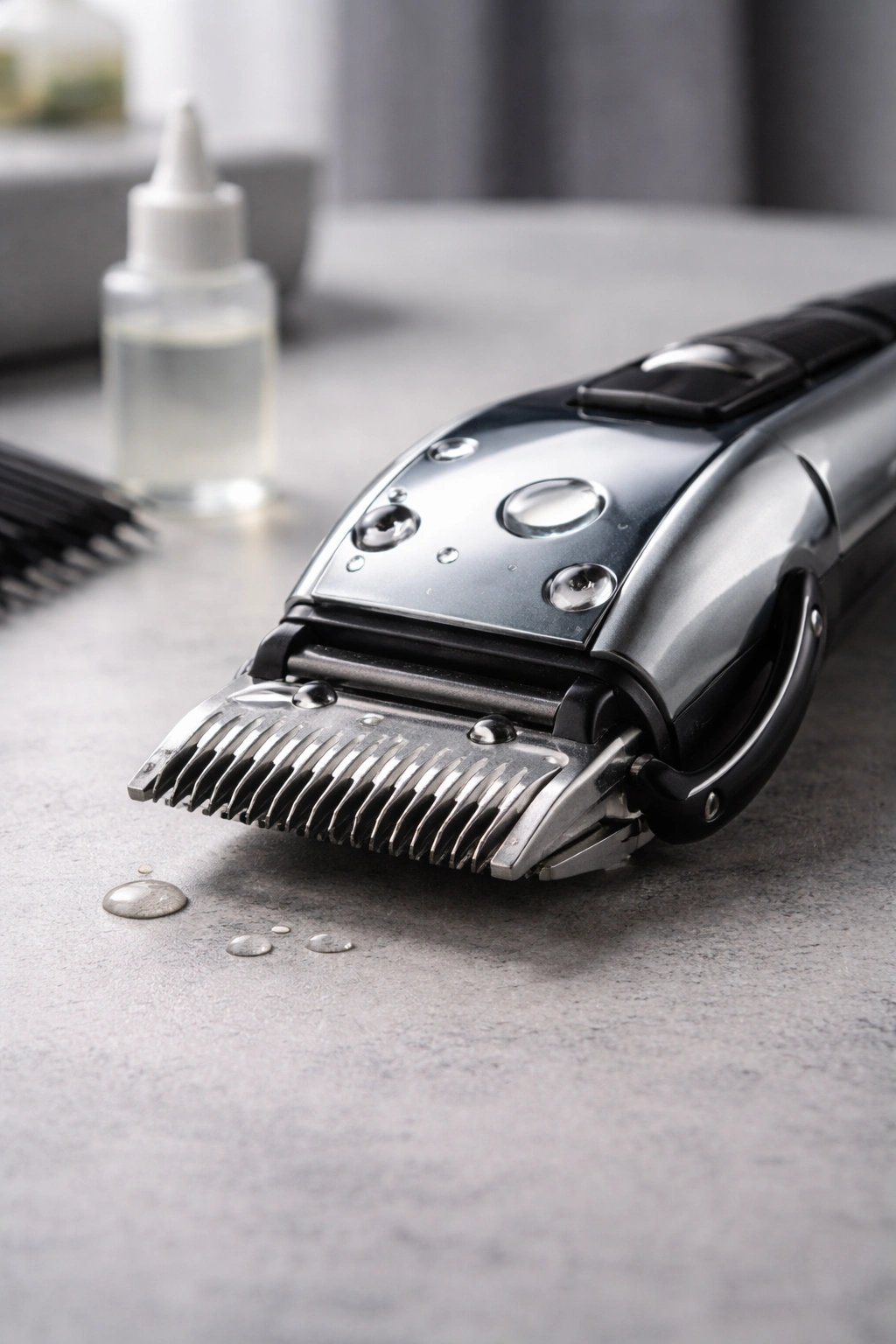 Close-up of clipper blades with oil on a clean surface