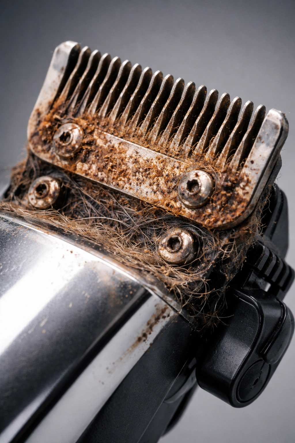 Close-up of clipper blade with rust and dull edge illustrating common maintenance mistakes