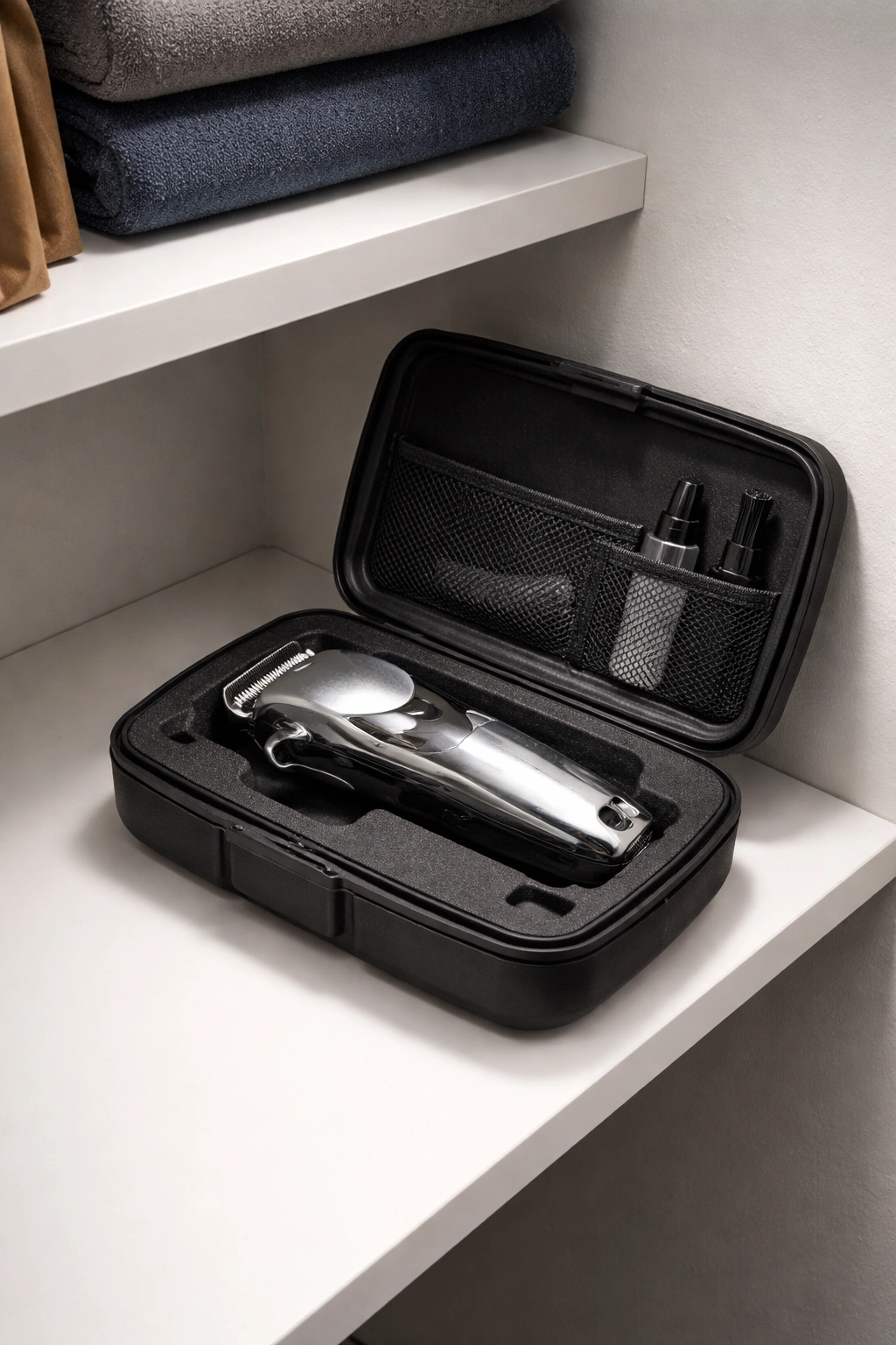 Clipper inside protective case on dry shelf for proper storage