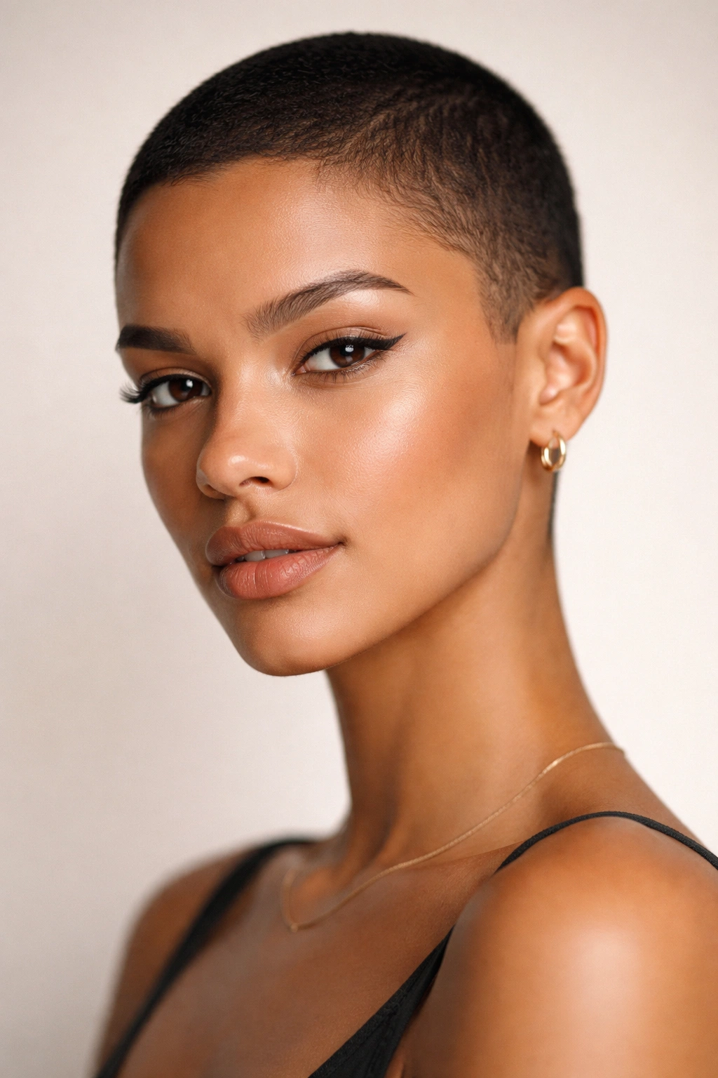 25 Short Haircuts Women Can T Stop Asking For 23 Close-up of a person with an ultra-short, uniform cropped cut.