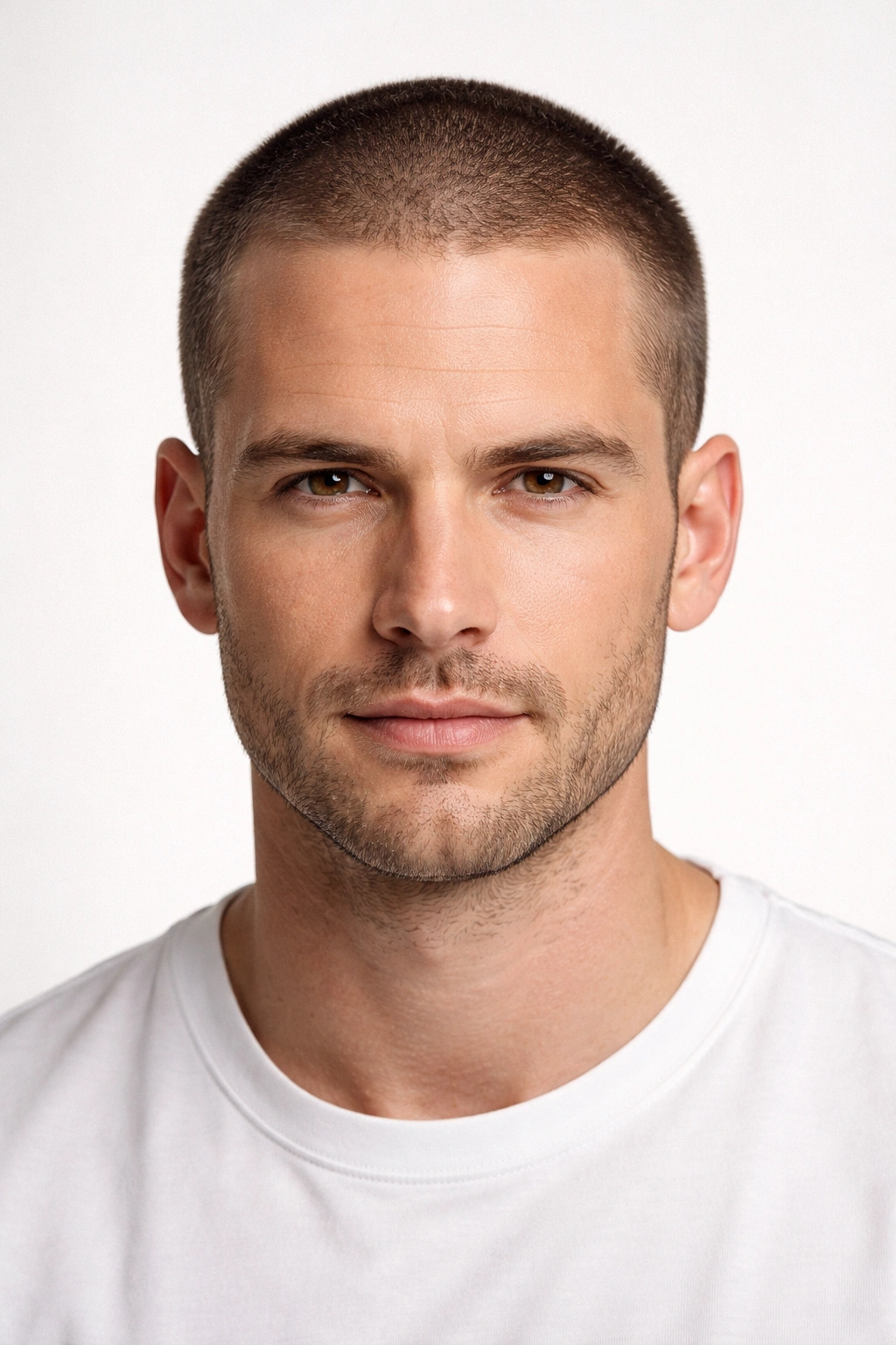 Man with half-inch close cut, clean and polished.