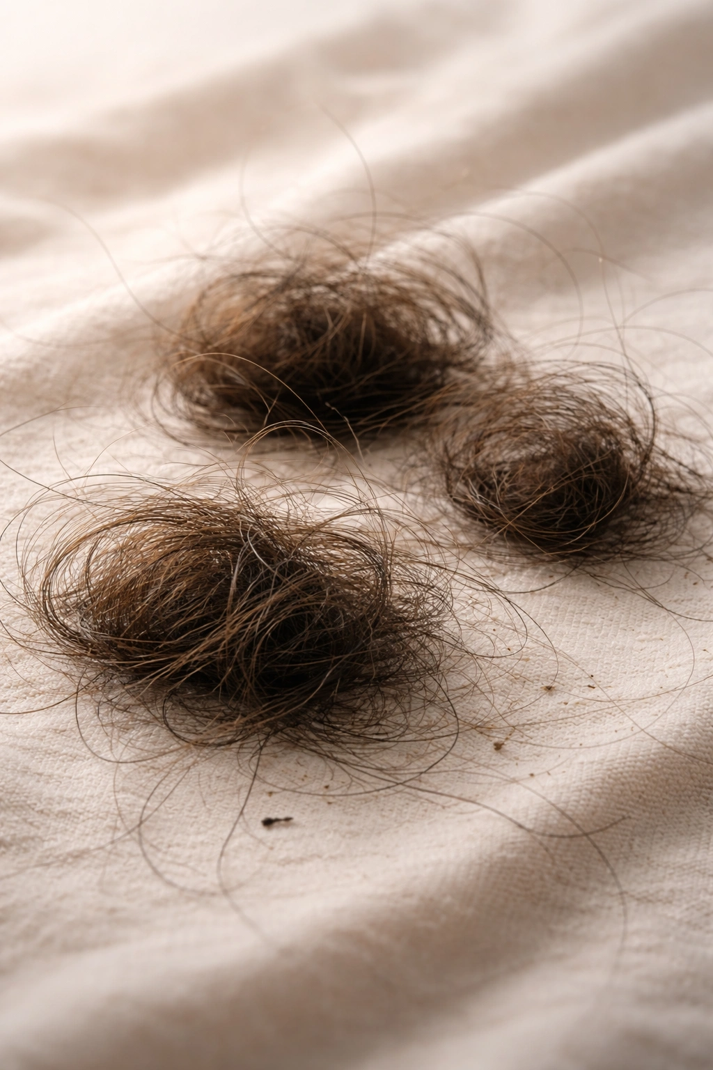 Close-up macro of clumpy hair loss showing tangled hair strands on a soft fabric surface