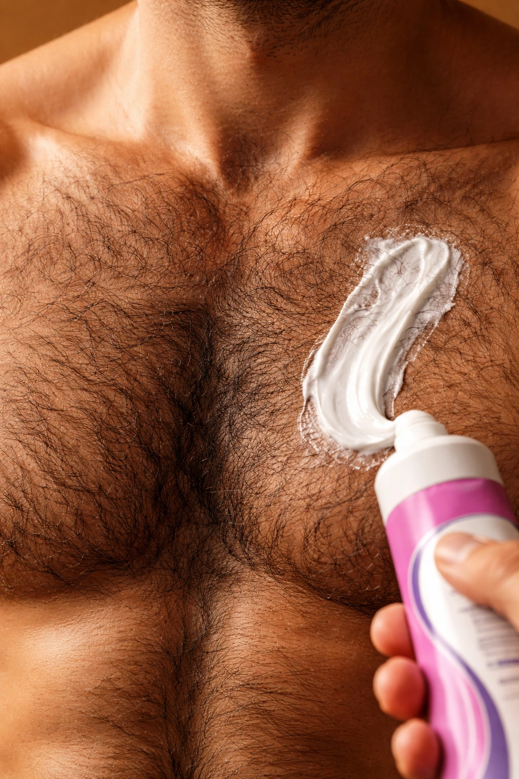 Close-up of thick coarse chest hair to illustrate Nair's effectiveness