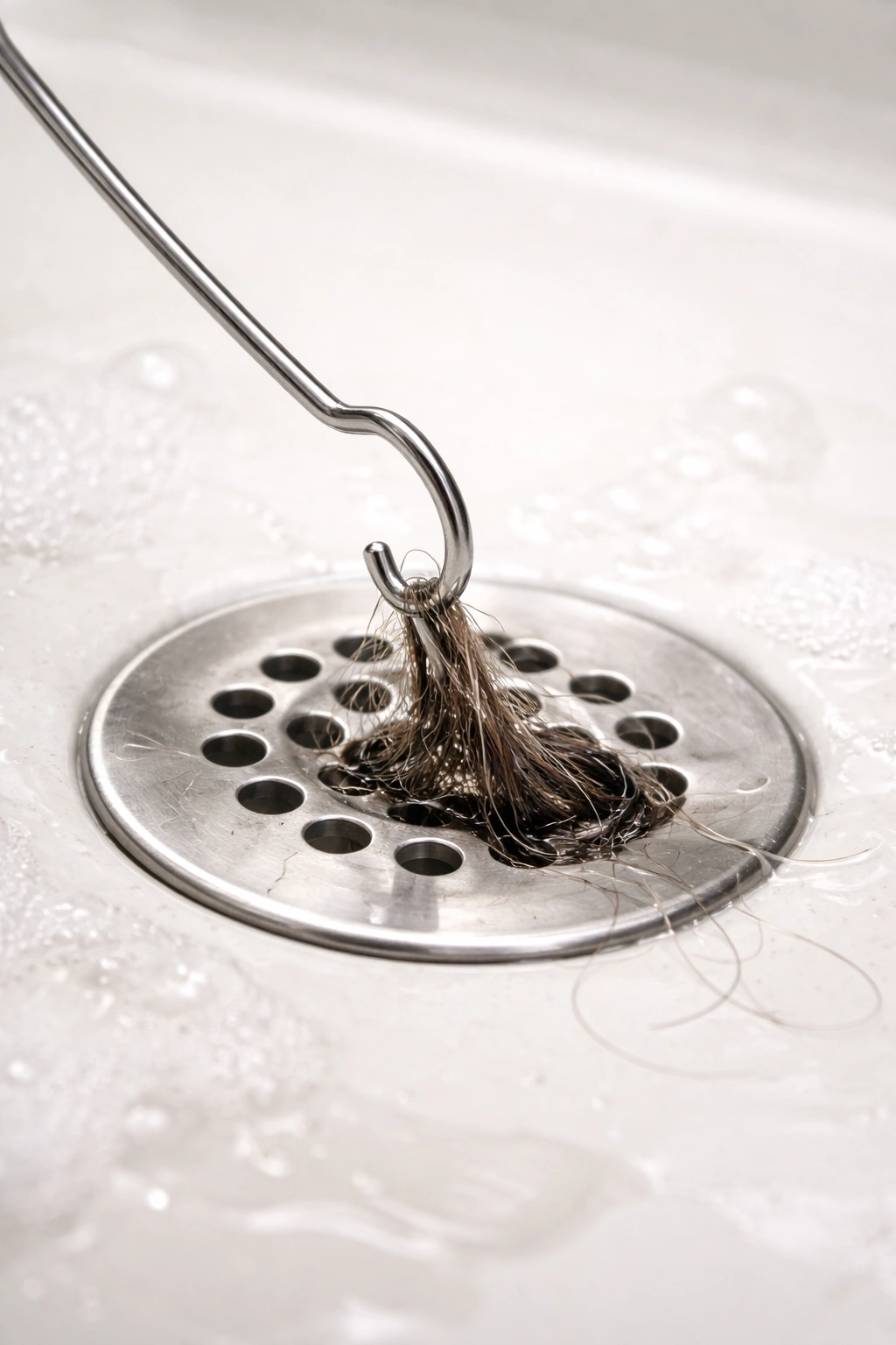 Wire coat hanger hook snagging hair in a shower drain