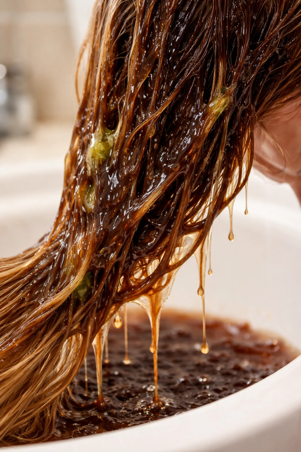 Hair with cola-based slime treatment on strands