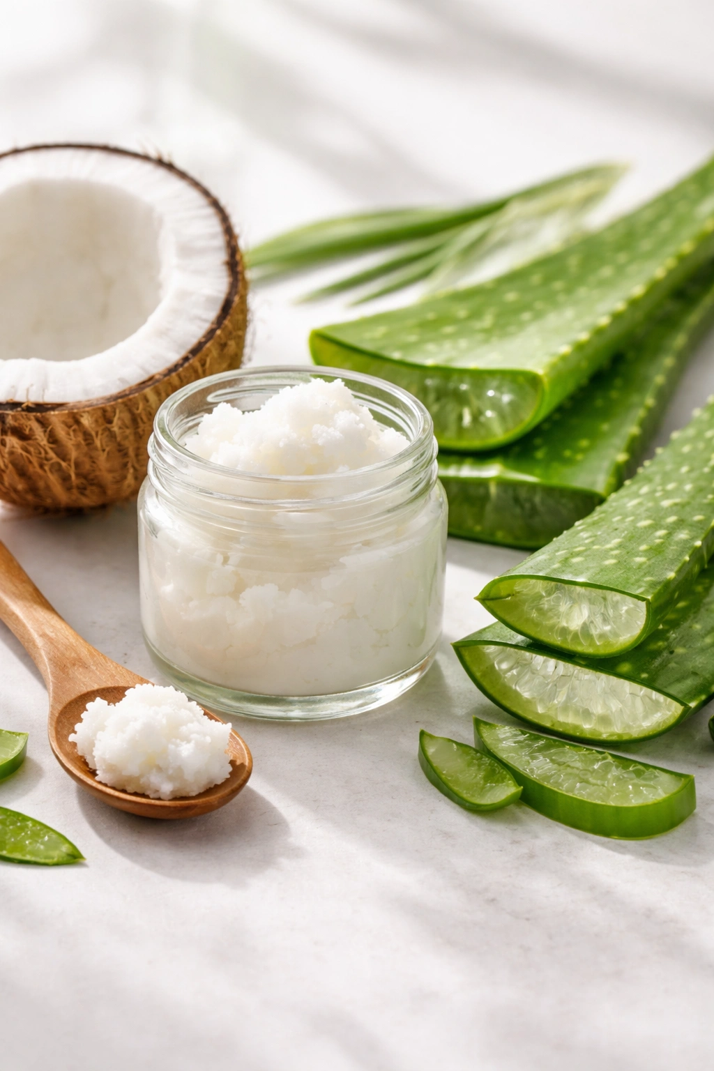 Coconut oil and aloe vera used for DIY hair moisture treatments