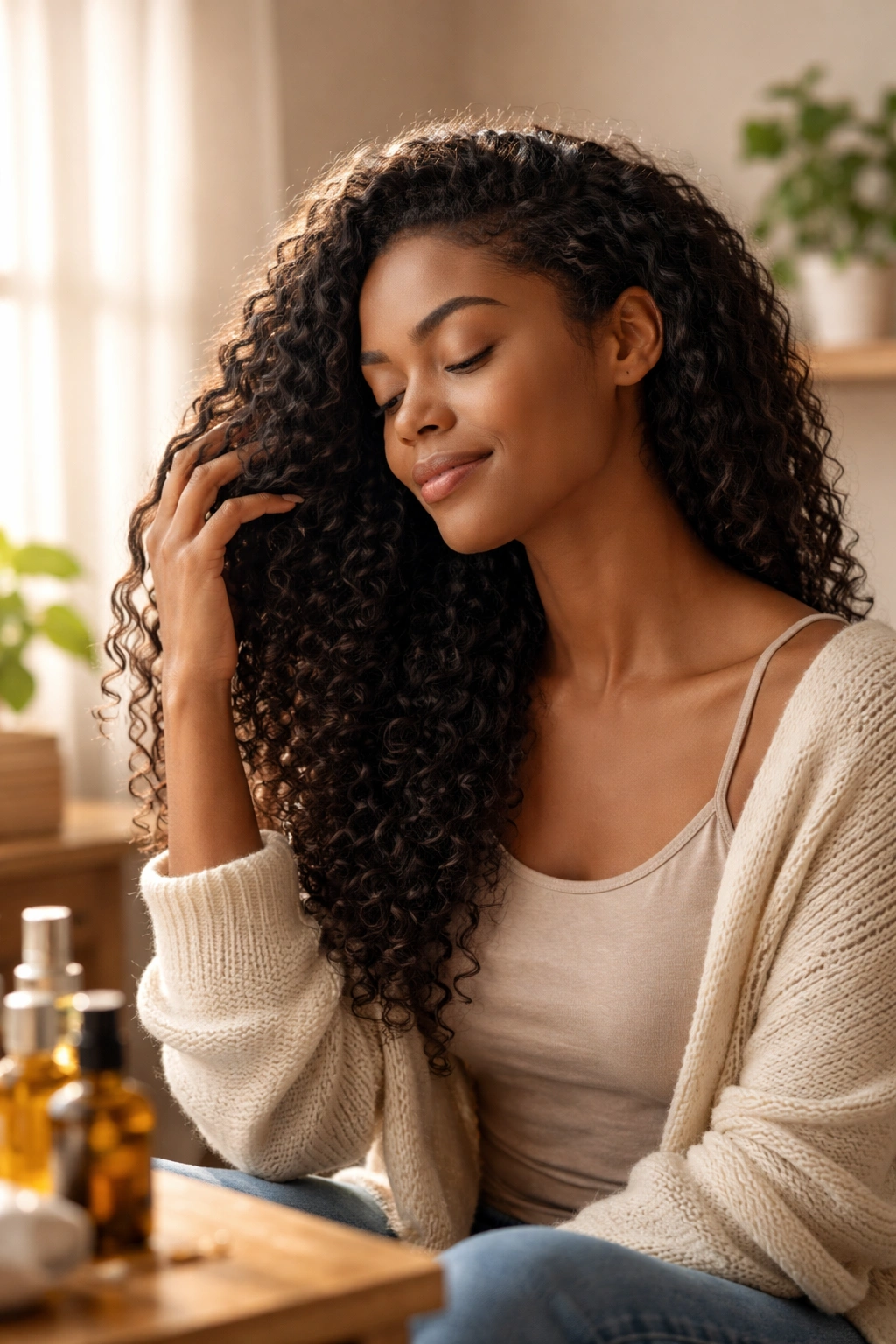 Contemplative person evaluating hair care choices for low porosity hair