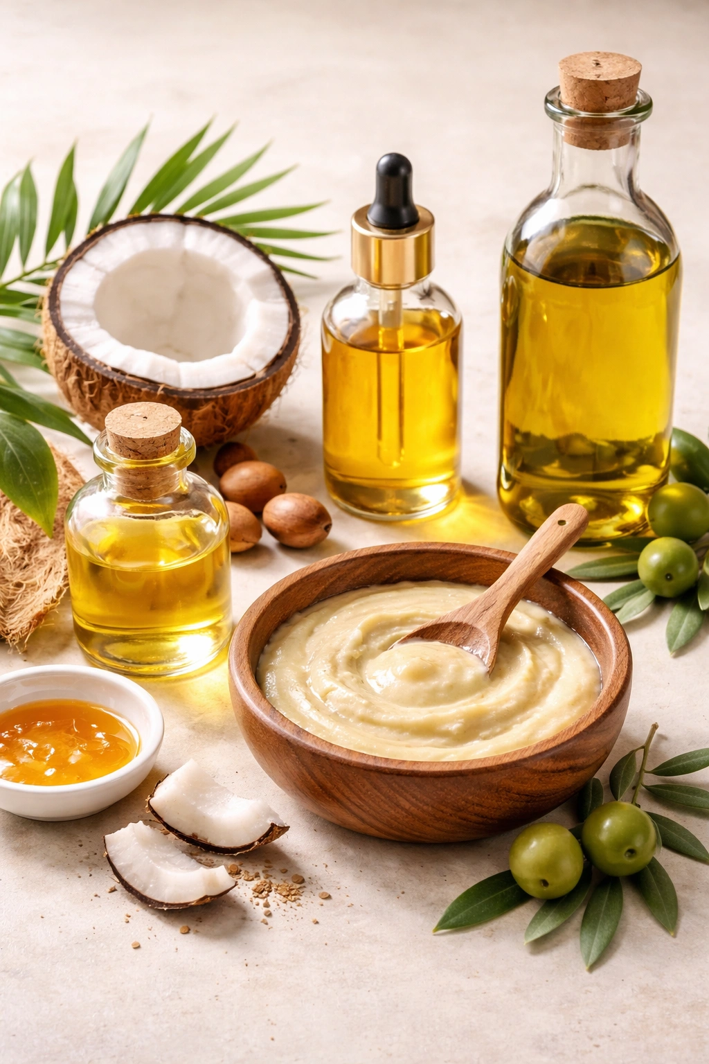 Assorted natural oil bottles and a bowl with DIY hair mask