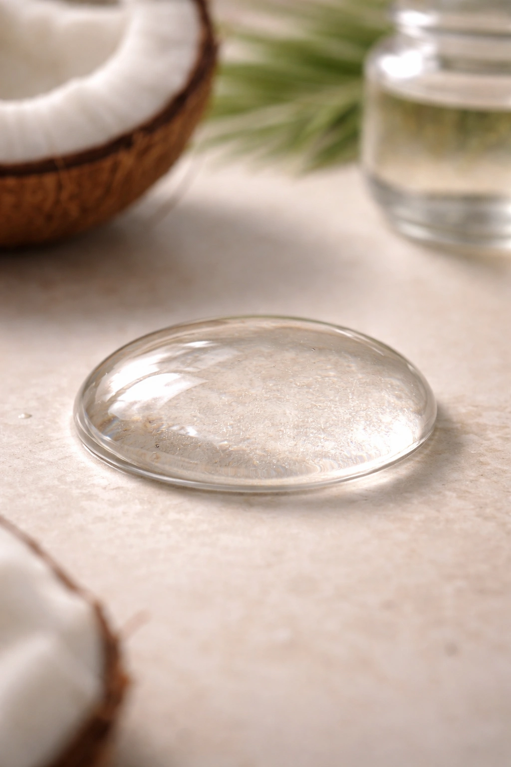 Close-up drop of coconut oil showcasing viscosity and shine on neutral surface