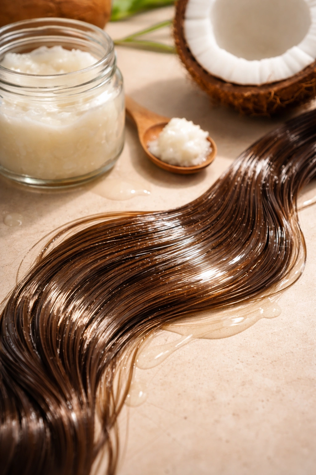 Hair strand coated with coconut oil under warm lighting