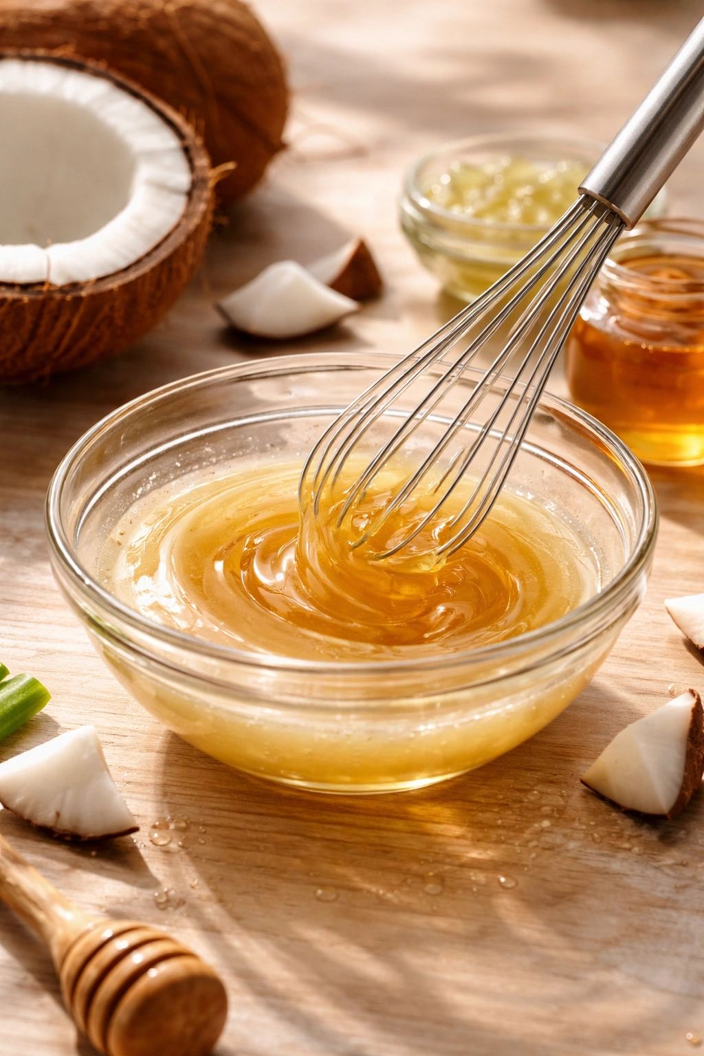 Coconut oil and honey being mixed in a glass bowl for a hydrating hair mask