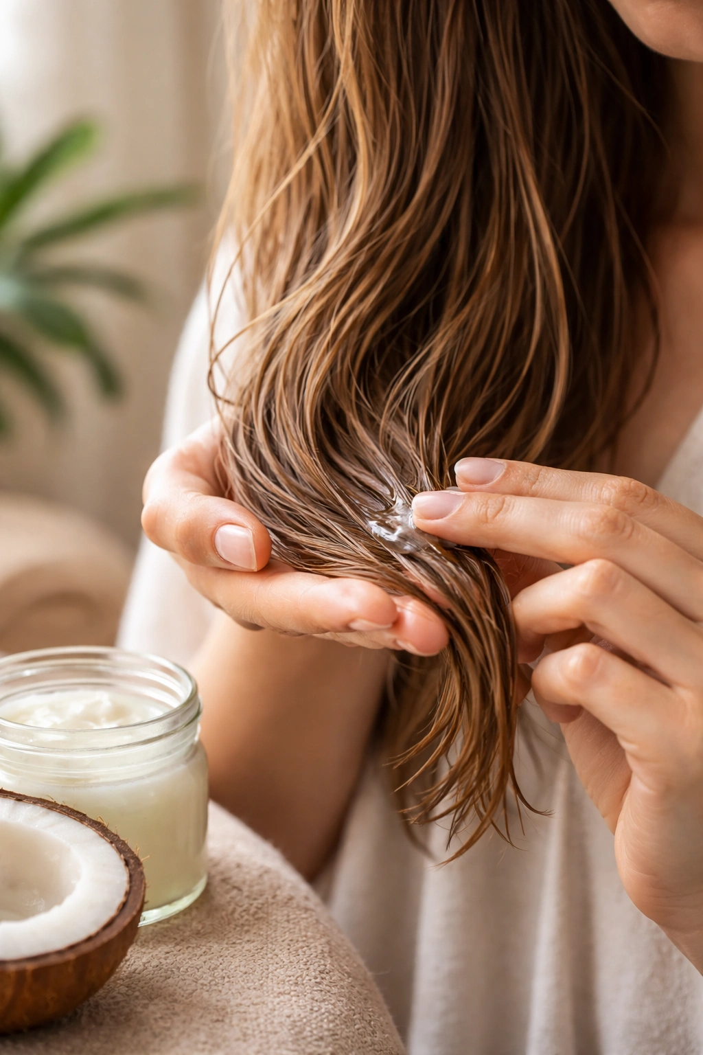 Tiny amount of coconut oil on damp hair ends for leave-in use