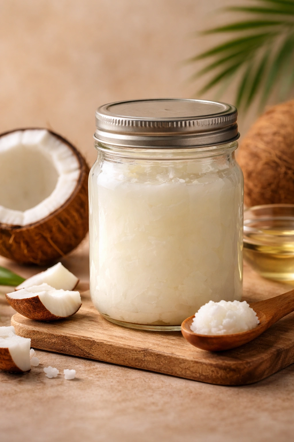 Coconut oil bottle on neutral surface illustrating oils to avoid for low porosity hair