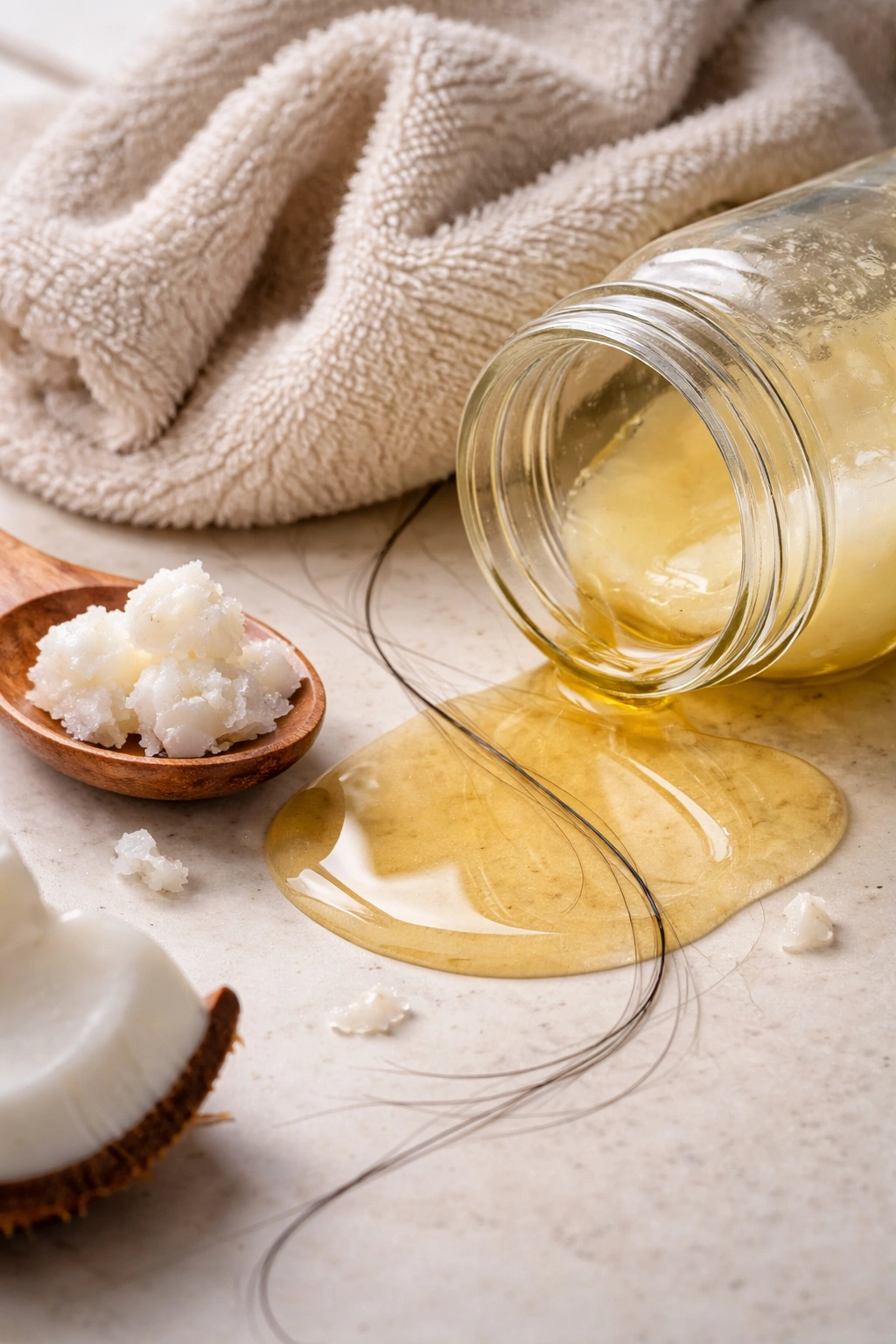 Coconut oil bottle and hair strand on damp surface illustrating over-application mistake