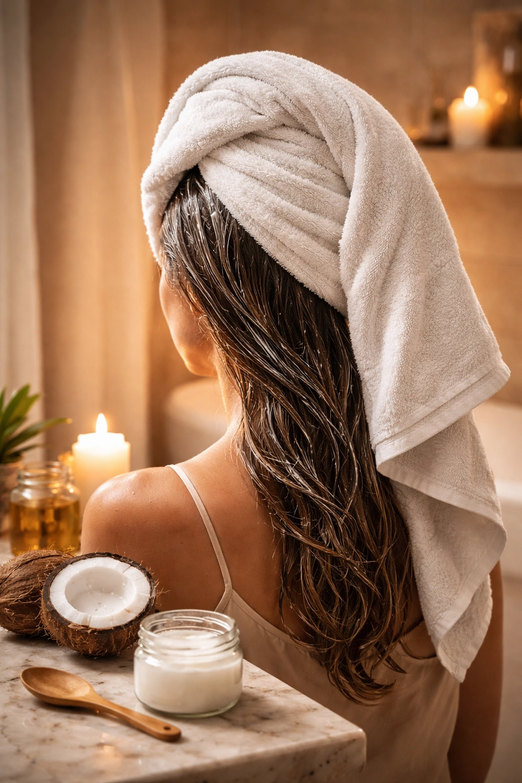 Hair coated with coconut oil wrapped for overnight treatment