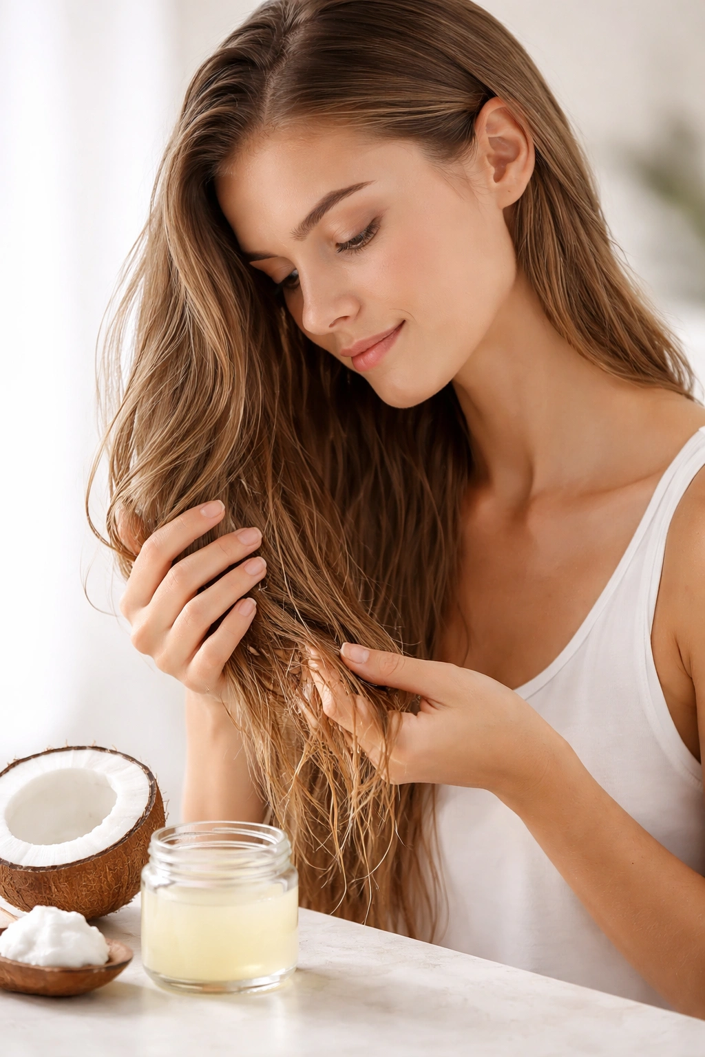 Small amount of coconut oil on mid-lengths and ends of dry hair