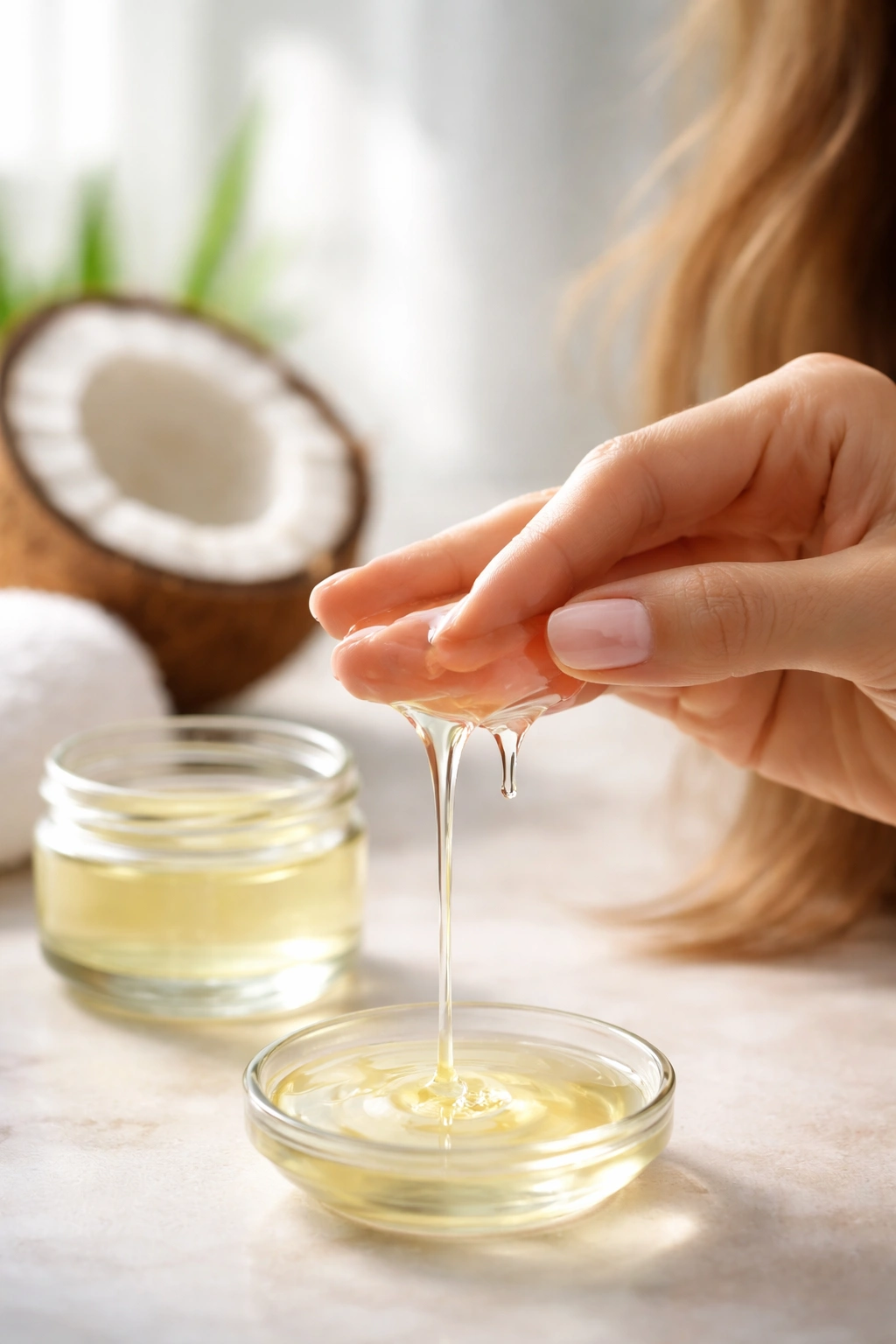 Bead of melted coconut oil on fingertips for quick moisture boost