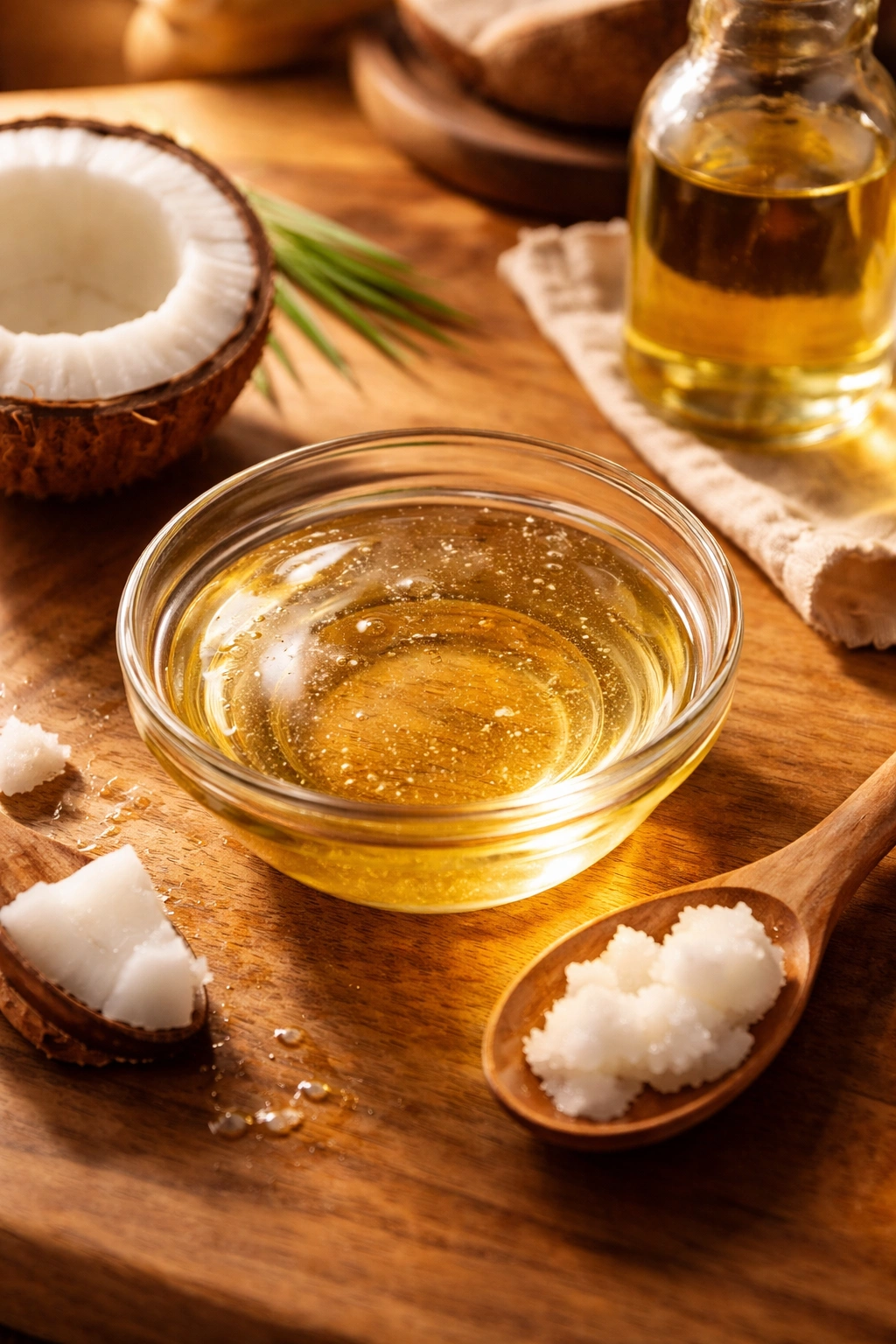 Melted coconut oil in a glass bowl on wooden counter