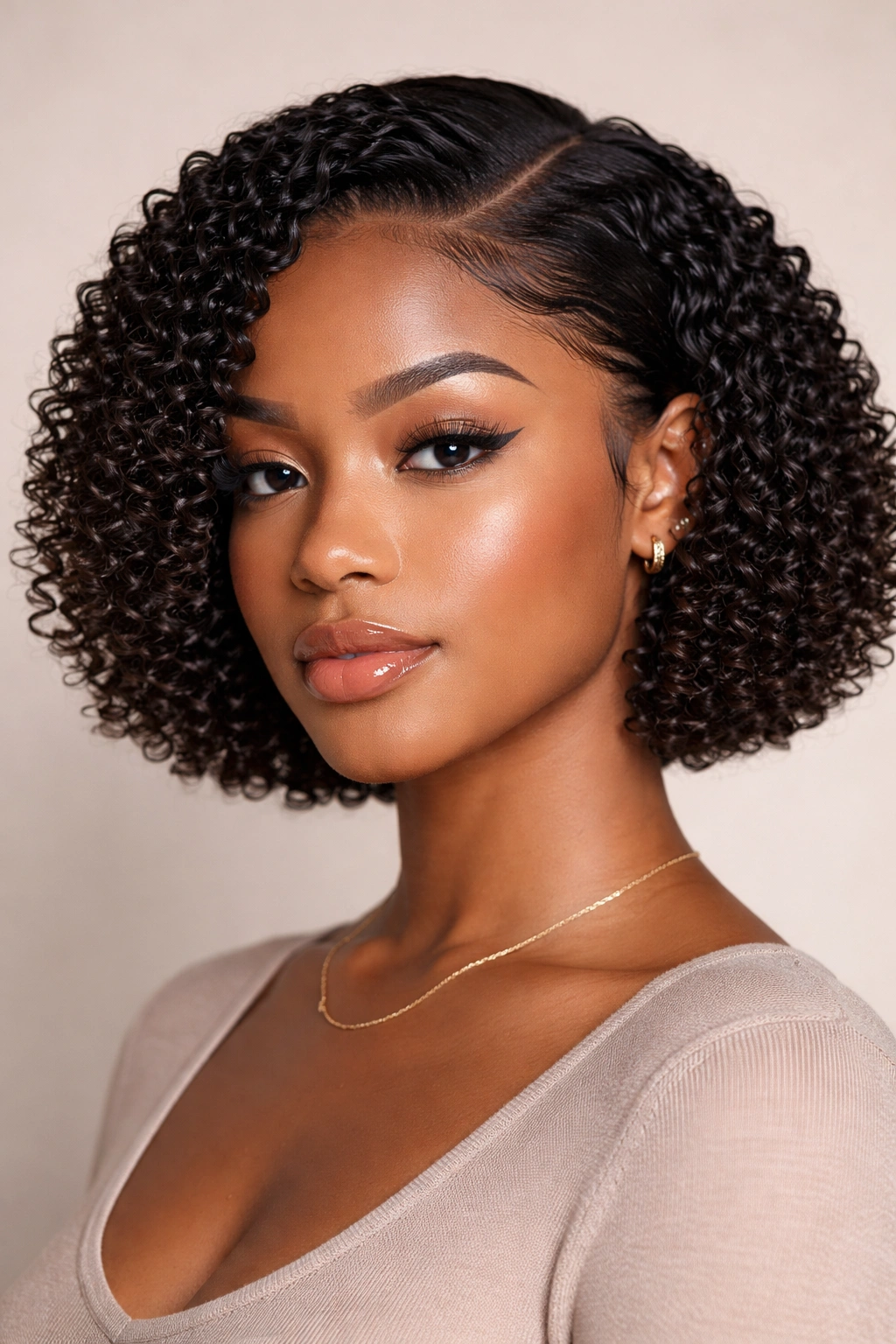 Close-up of sleek, defined coil bob with smooth edges.
