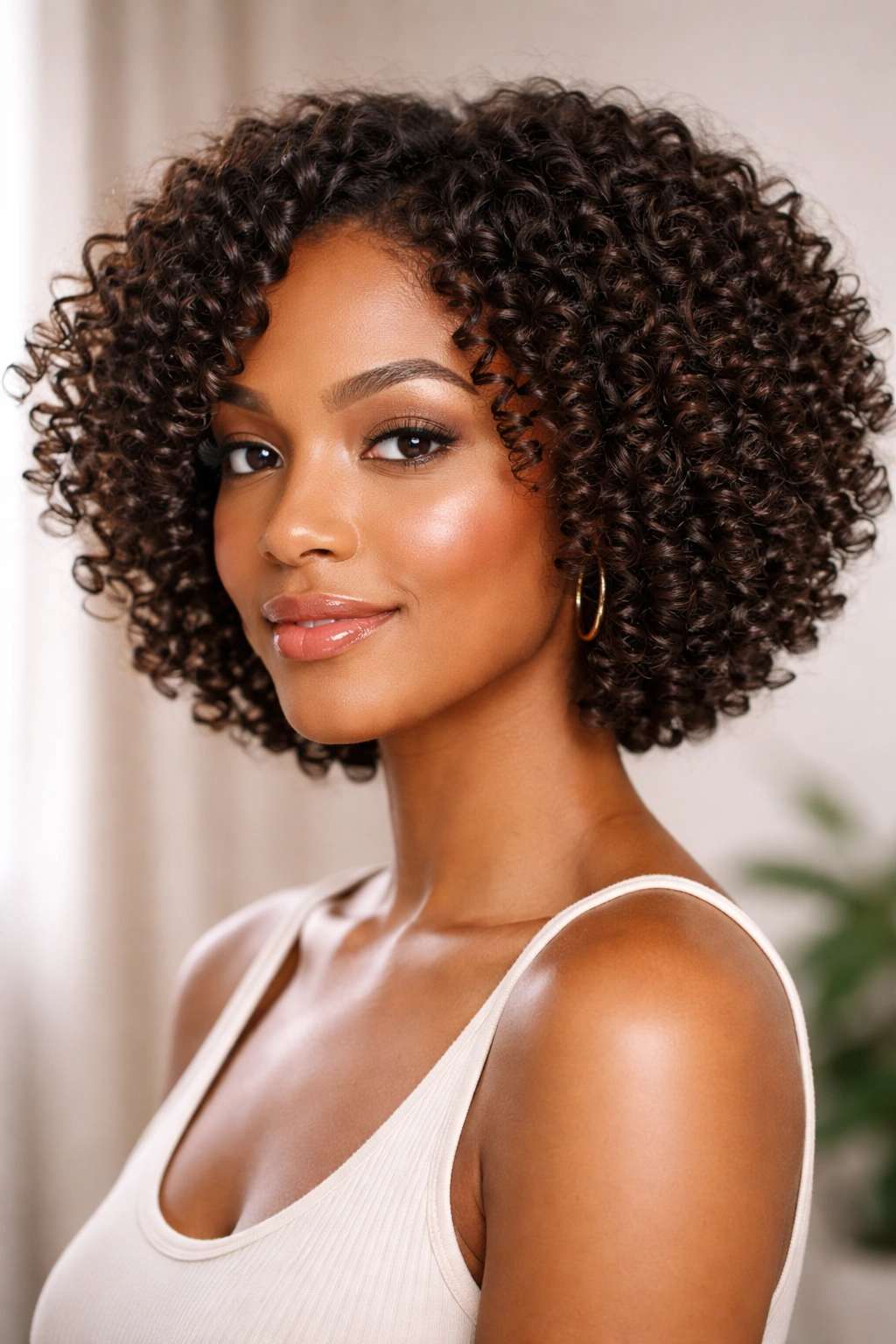 Front view of a chin-length coil-defined bob with clearly defined curls