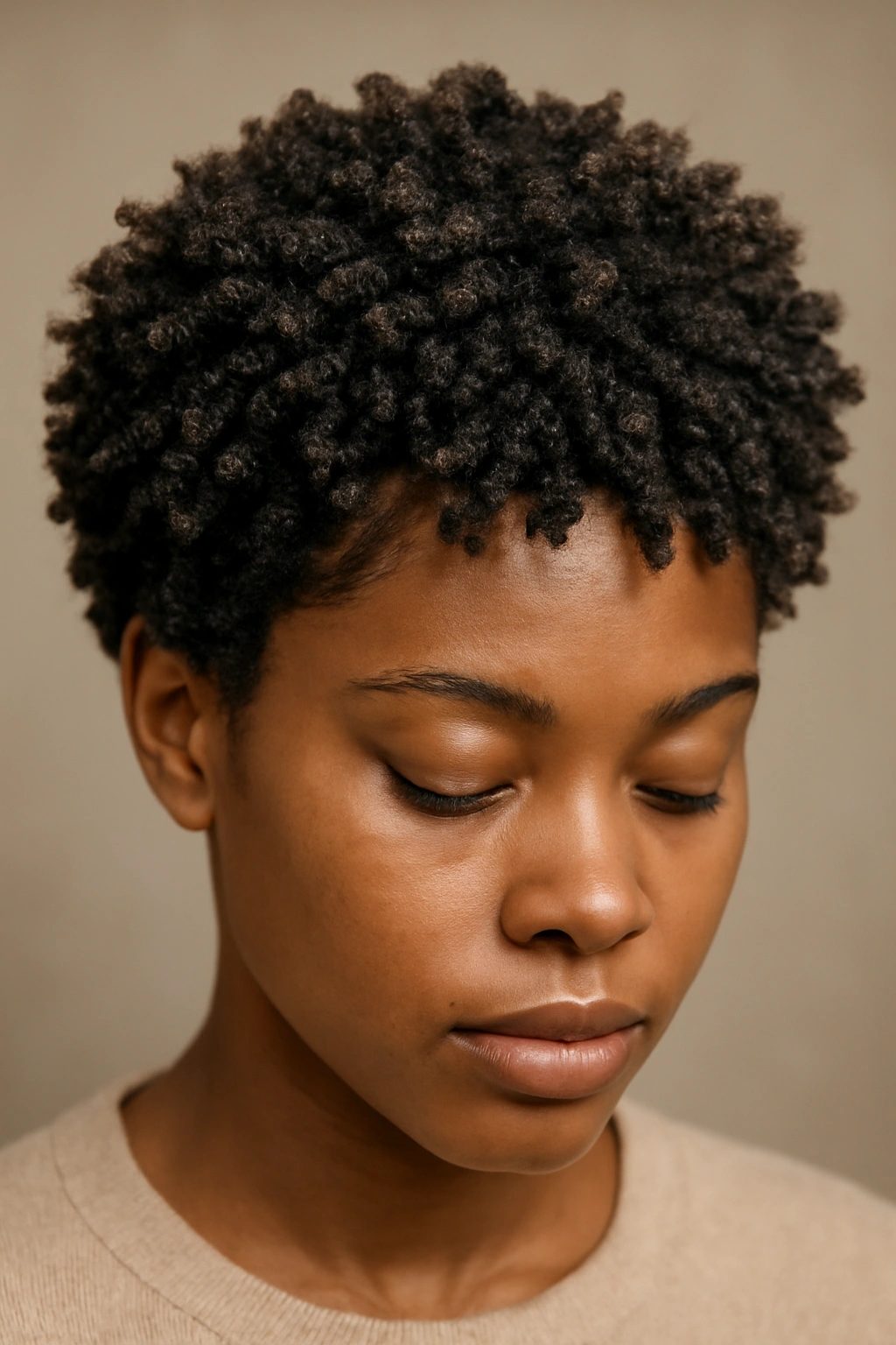 12 Short 4C Hairstyles That Look Effortlessly Good 5 Portrait of short 4C hair with a coil-out and soft defined texture