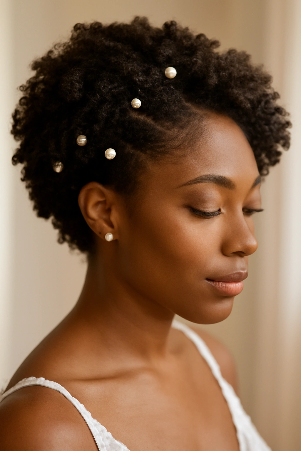 10 Short Hair Wedding Styles Black Brides Will Love 9 Coil-out with decorative pins in natural curls catching light.