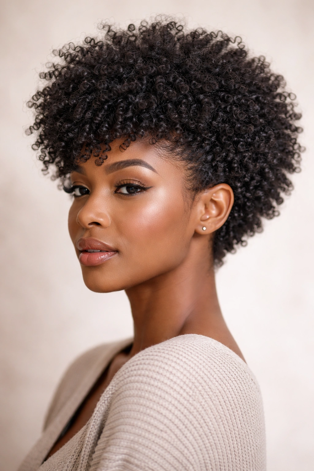 Close-up of a Black woman with a coil-out haircut forming a defined silhouette