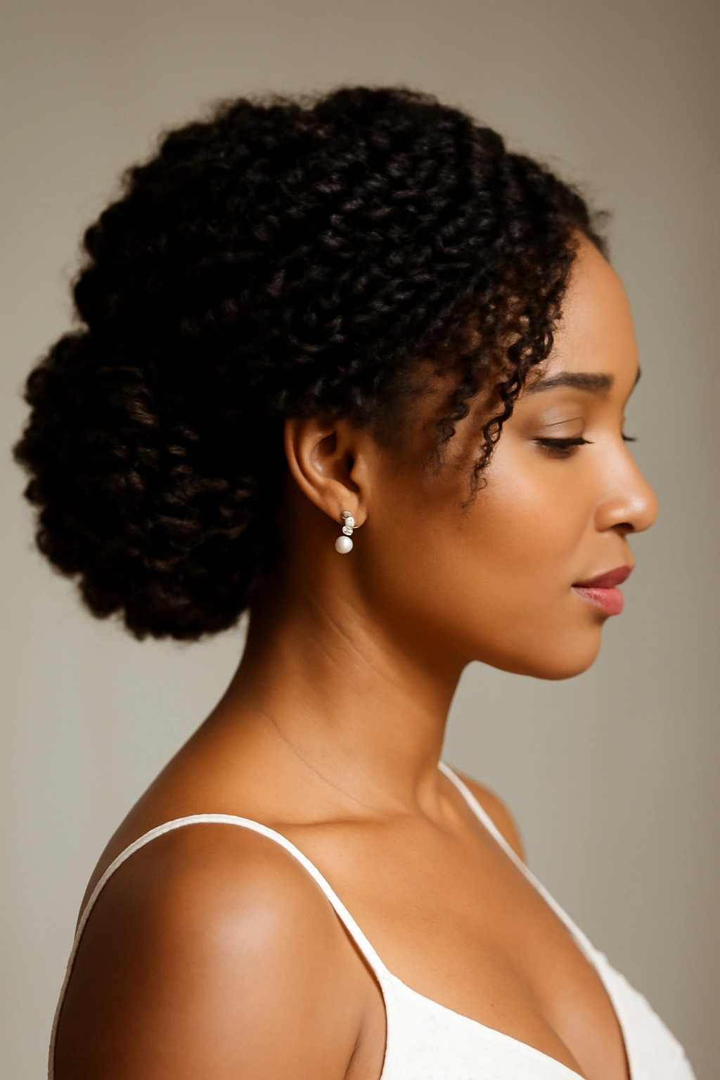 12 Natural Hair Wedding Updos You Need to See 9 Side-profile view of a coil-out updo with defined coils swept to one side.