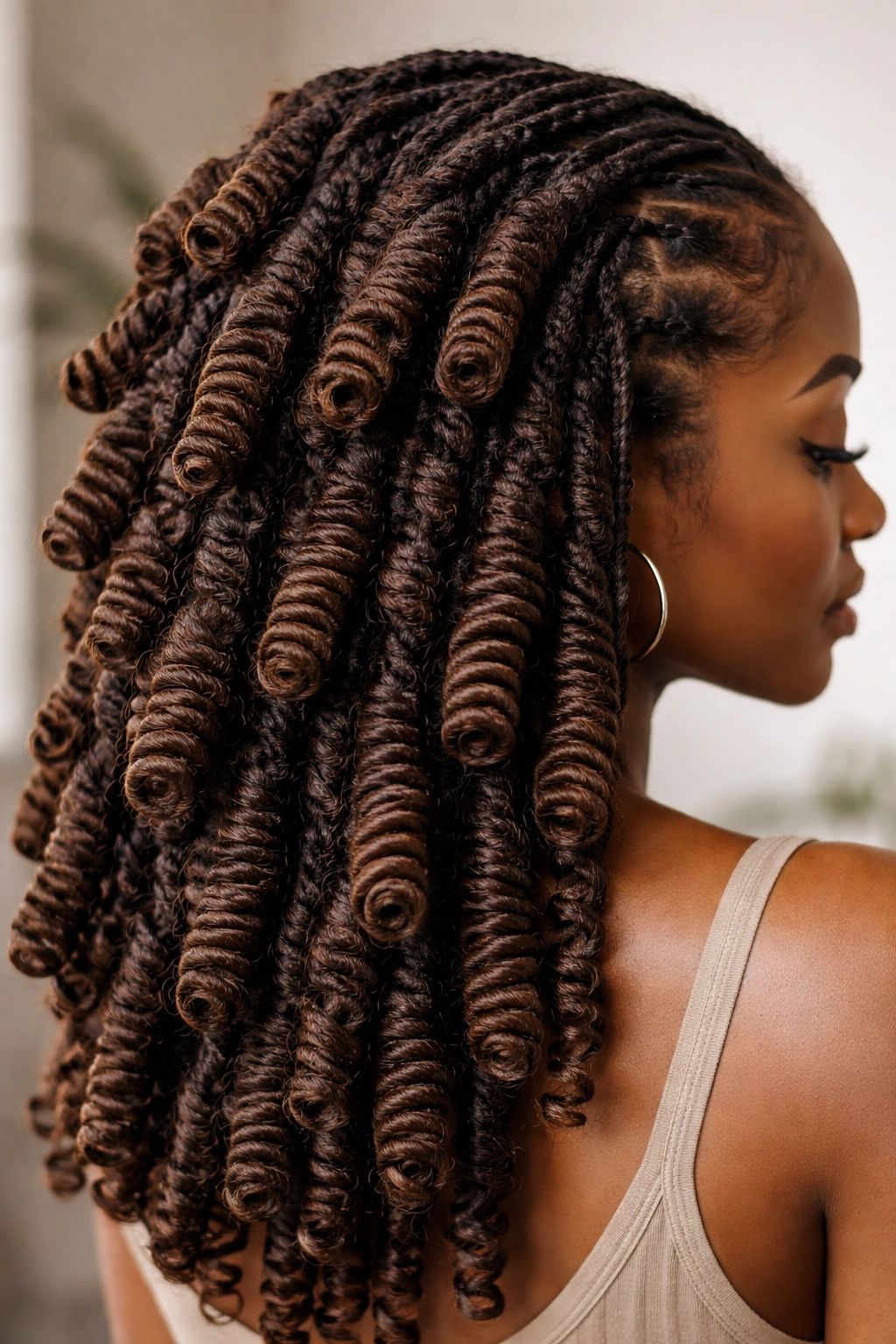 Locs coiled into tight spirals along the hair length
