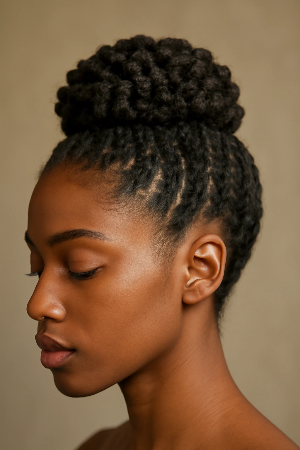 20 Short Natural Hairstyles for Black Women to Save 15 Coiled updo with neatly arranged coils forming a bun
