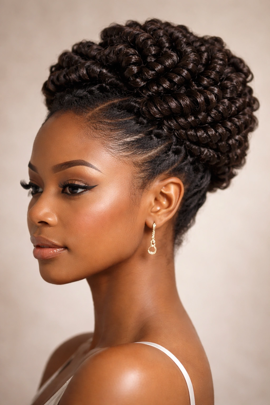 Close-up view of spiral coils forming a crown updo with textured coils.