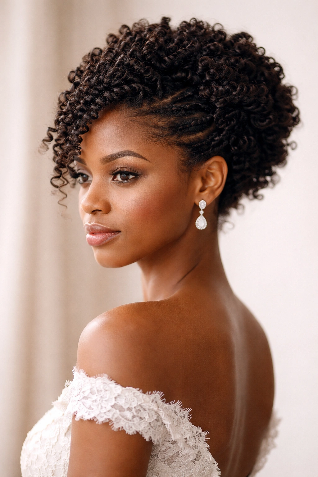 Updo made of natural coils and curls with curls framing the face