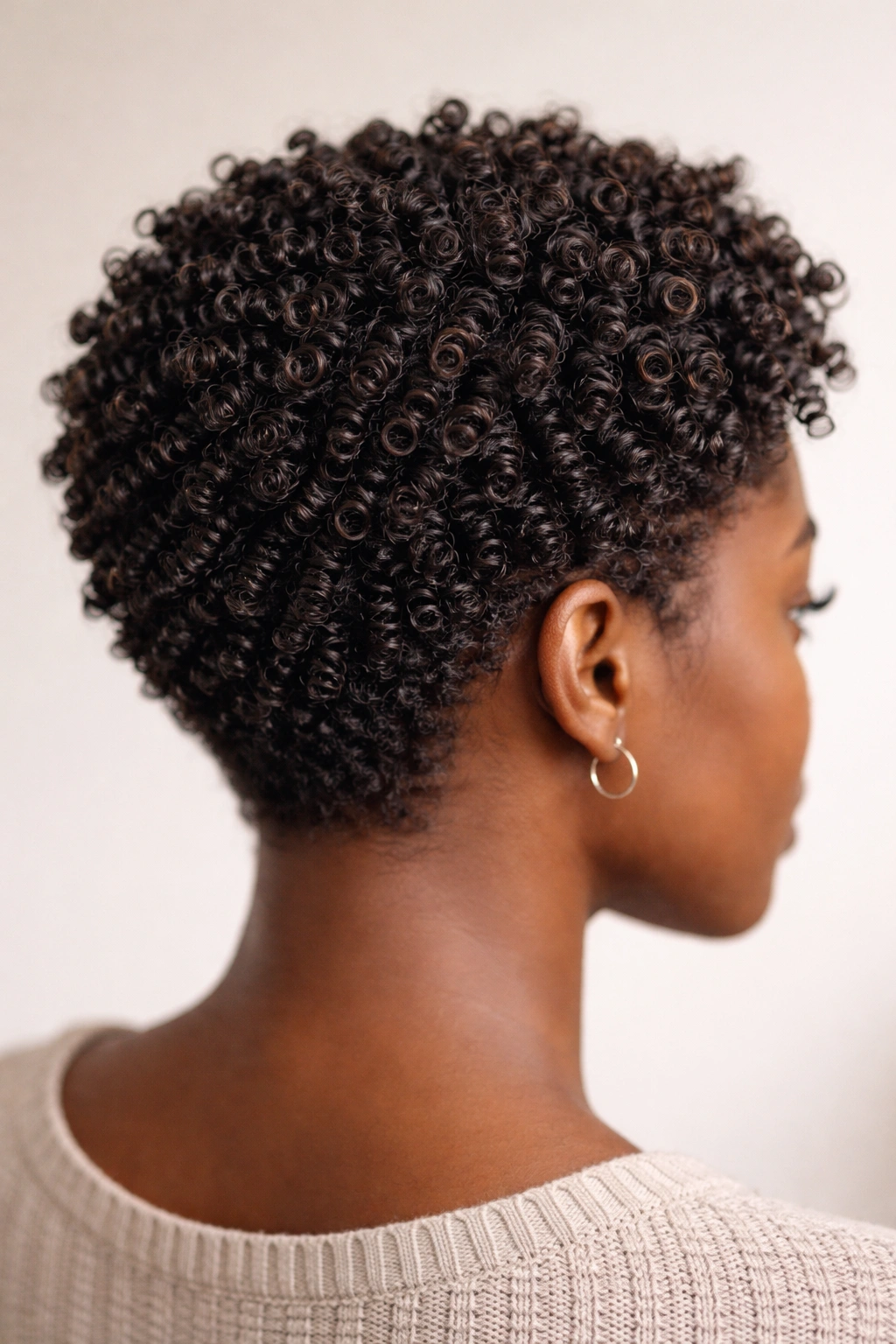 Close-up of tight spiral coils on short natural hair with defined texture