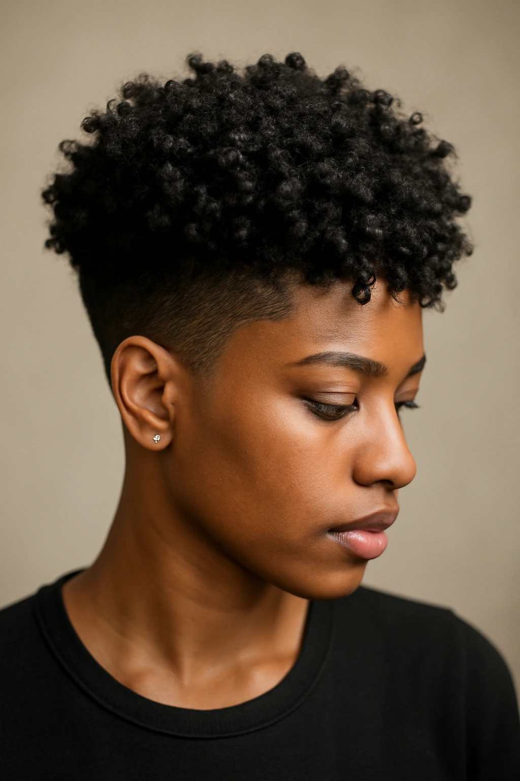 12 Short Curly Natural Hairstyles for Black Women 4 Close-up of tight coils stacked on top with a fade on the sides in a Black woman's hair
