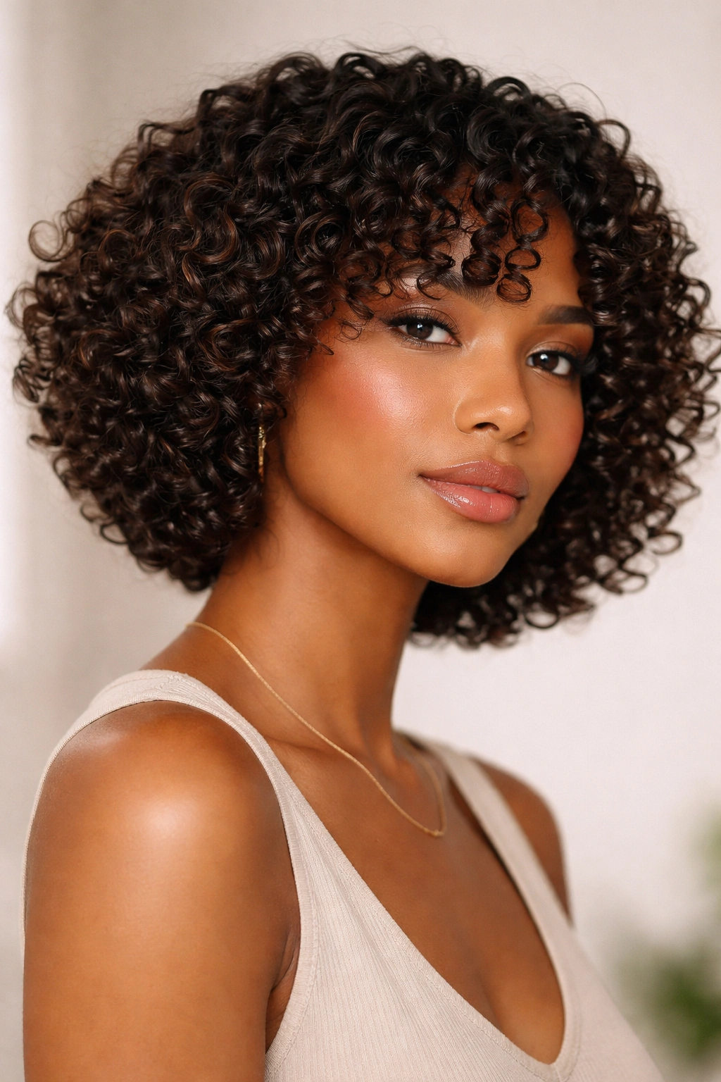 Close-up of a coily bob hairstyle with defined curls.