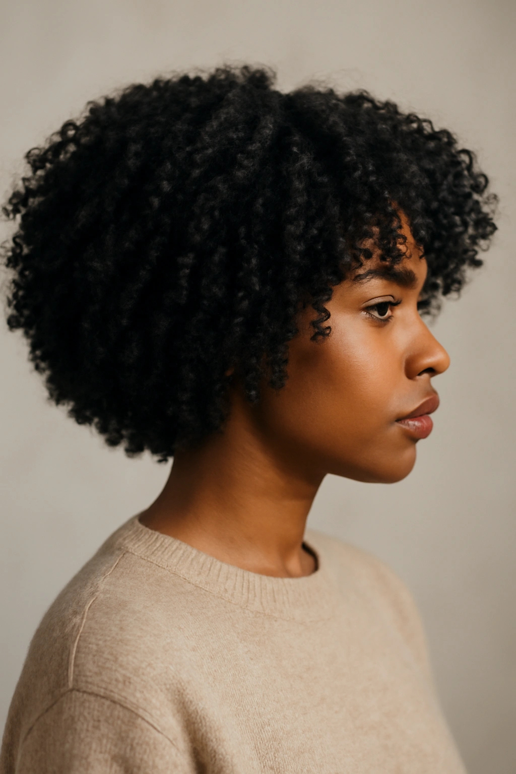 30 Short Haircuts for Black Women 26 Close-up of a Black woman's voluminous coily bob with defined ear-level curls.
