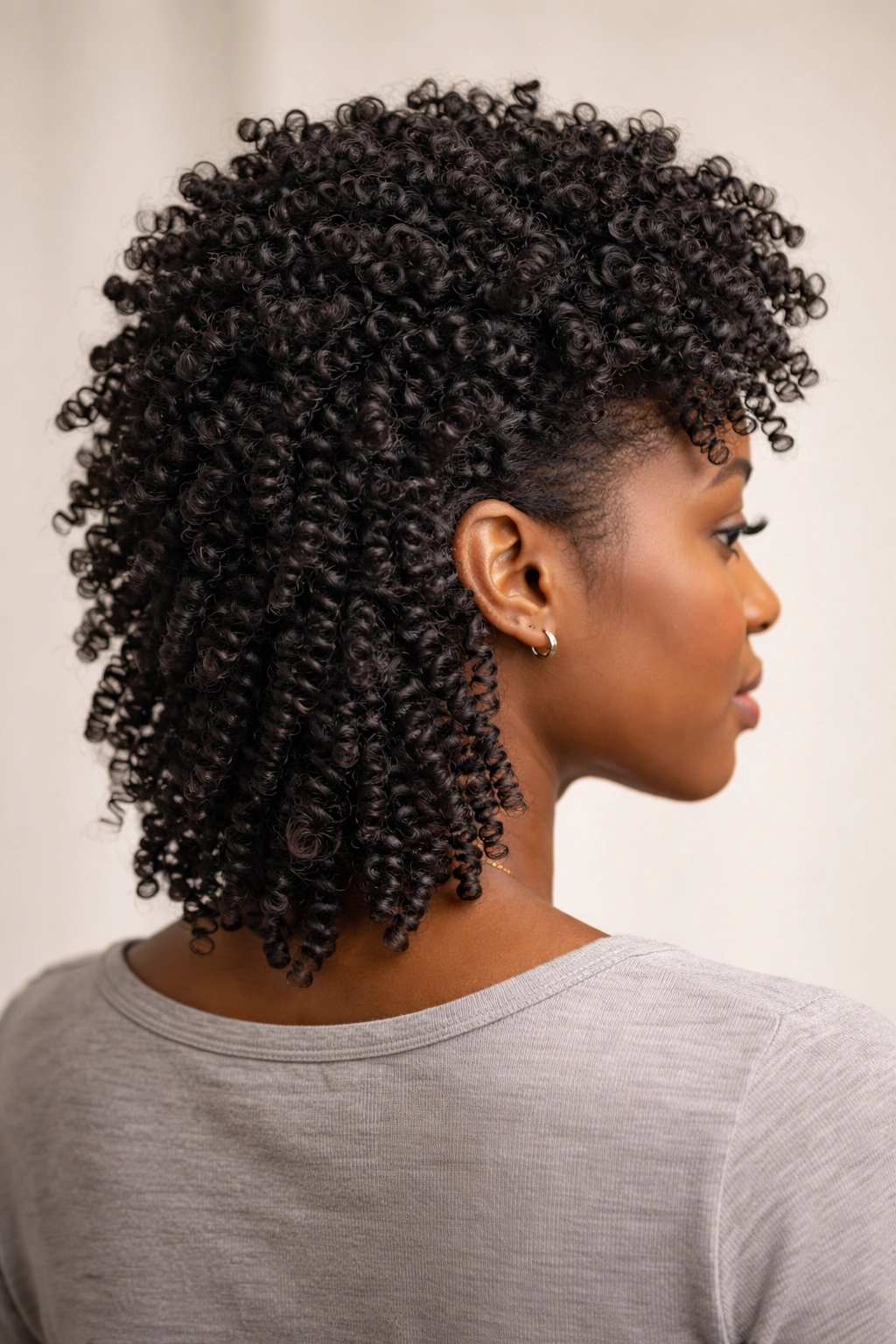 Close-up of coily hair with a textured crown cut showing lift and defined curls